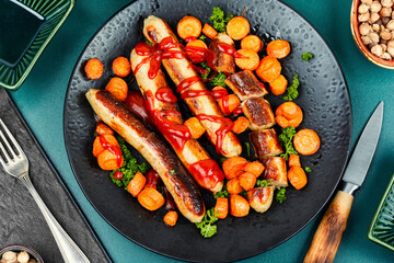 Grilled succulent sausages served with carrots.