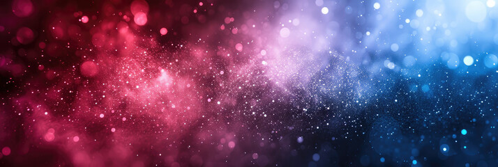 Naklejka premium red and blue white background with stars in dust, red blue glitter sparkle on dark background, circle bokeh, defocused, blue red space galaxy , nebula, cosmos banner poster background