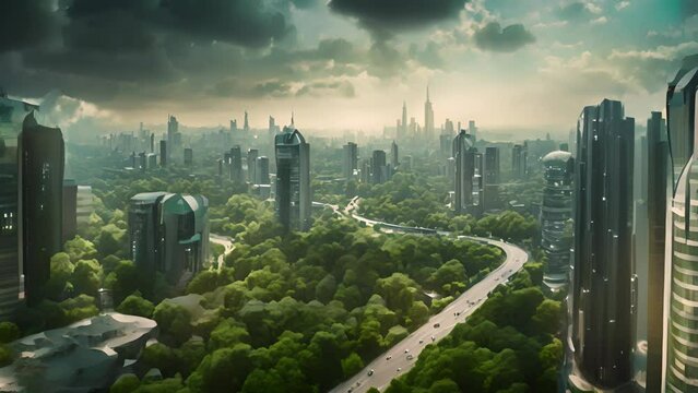 A cityscape with towering skyscrapers and lush greenery, featuring sustainable designs that harmonize buildings with nature, presenting a vision for a new urban future.
