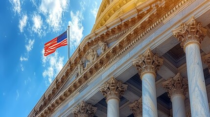 USA Washington DC Capitol detail with waving American flag, blue sky