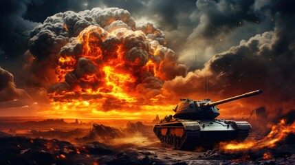 Battletank and volcano - obrazy, fototapety, plakaty