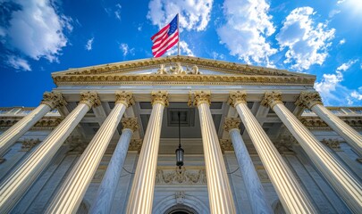 USA Washington DC Capitol detail with waving American flag, blue sky