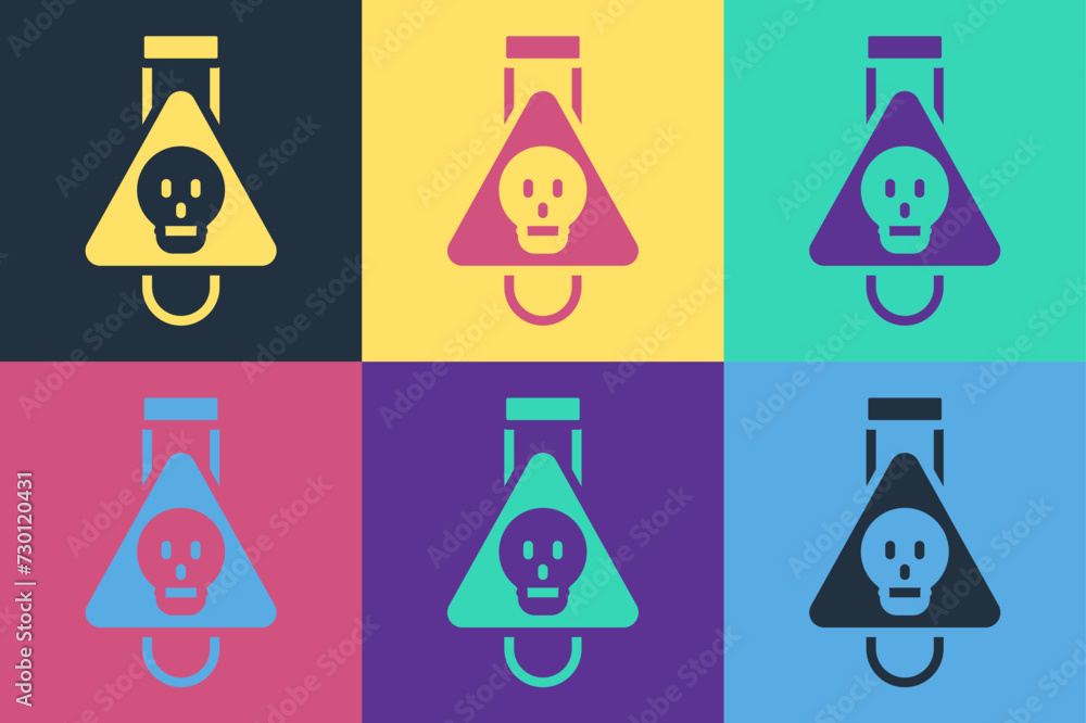 Poster pop art bottle with potion icon isolated on color background. flask with magic potion. happy hallowe