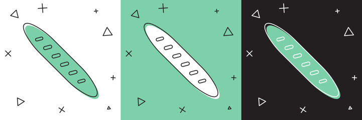 Set French baguette bread icon isolated on white and green, black background. Vector