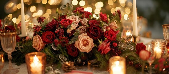 A lovely display of roses and a winter-themed table decorate a wedding reception.