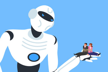 robot humanoid holding on hand businessman and businesswoman  tied with rope vector illustration