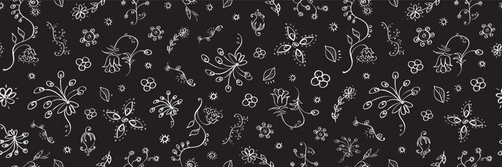Hand drawn floral seamless pattern in white and black colors. Horizontal vector illustration