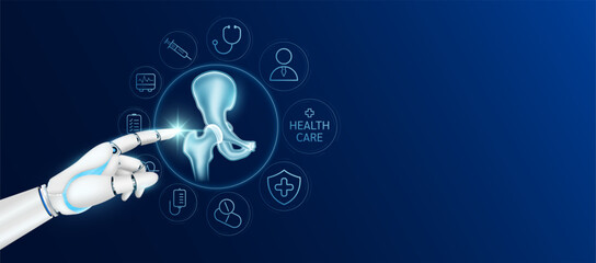 Doctor robot cyborg finger touching hip with medical icons. Human organ virtual interface. Innovative technology in health care futuristic. Ads banner empty space for text. Vector. - obrazy, fototapety, plakaty