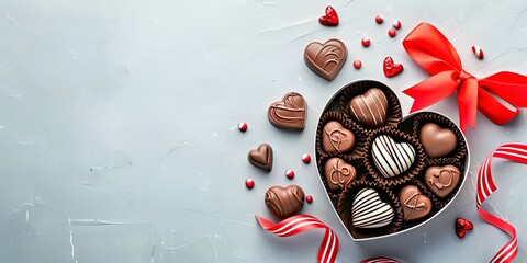 Boîte en forme de coeur avec de délicieux bonbons au chocolat et ruban sur table gris clair à plat - obrazy, fototapety, plakaty