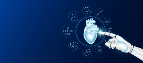 Innovative technology in health care futuristic. Doctor robot cyborg finger touching heart with medical icons. Human organ virtual interface. Ads banner empty space for text. Vector.