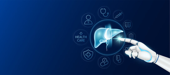 Innovative technology in health care futuristic. Doctor robot cyborg finger touching liver with medical icons. Human organ virtual interface. Ads banner empty space for text. Vector.