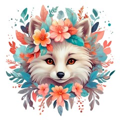 Watercolor illustration portrait of a cute adorable arctic fox with flowers on isolated white background.

