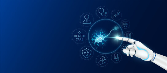 Innovative technology in health care futuristic. Doctor robot cyborg finger touching nerve cell with medical icons. Human organ virtual interface. Ads banner empty space for text. Vector.