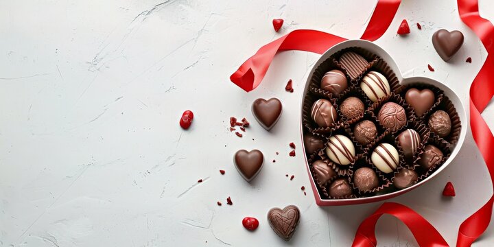 Bo&icirc;te en forme de coeur avec de d&eacute;licieux bonbons au chocolat et ruban sur table gris clair &agrave; plat
