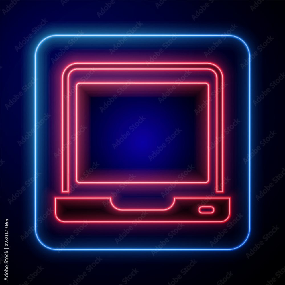 Aufkleber glowing neon laptop icon isolated on black background. computer notebook with empty screen sign. vec