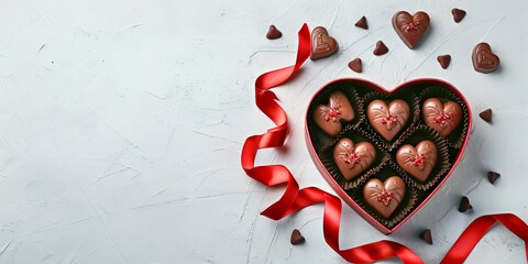 Boîte en forme de coeur avec de délicieux bonbons au chocolat et ruban sur table gris clair à plat - obrazy, fototapety, plakaty