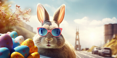 Fototapeta na wymiar Easter bunny with wearing sunglasses. With Easter Eggs Funny rabbit close up, A colorful background featuring a bunny with sunglasses, giving a cool and trendy vibe