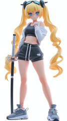 Fototapeta premium Beautiful blonde with blue eyes stands with a katana in her hands