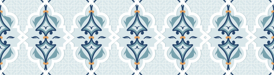 Seamless geometric pattern with floral elements in blue and white colors. Decorative arabesque in Arabic style. Vector abstract design.