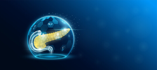 Pancreas human organ inside dome shield protection futuristic and medical icon transparent. Technology innovation health care. Medical science ads website banner with empty space for text. Vector.