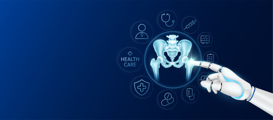 Innovative technology in health care futuristic. Doctor robot cyborg finger touching pelvis bone with medical icons. Human organ virtual interface. Ads banner empty space for text. Vector.