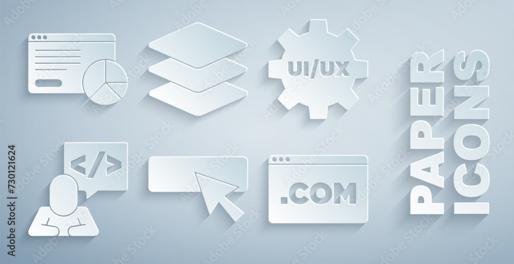 Poster set ui or ux design, front end development, layers and website statistic icon. vector