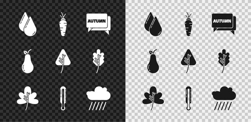 Set Water drop, Carrot, Speech bubble with text autumn, Leaf or leaves, Meteorology thermometer, Cloud rain, Pear and icon. Vector - obrazy, fototapety, plakaty
