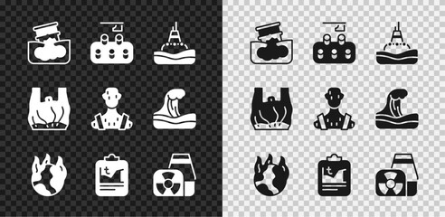 Set Barrel oil leak, Deforestation, Floating buoy the sea, Global warming fire, Nuclear power plant, Say no to plastic bags poster and High human body temperature icon. Vector