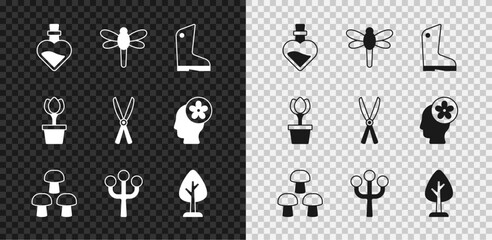 Set Bottle with love potion, Dragonfly, Rubber gloves, Mushroom, Blossom tree branch, Forest, Flower tulip in and Gardening handmade scissors icon. Vector