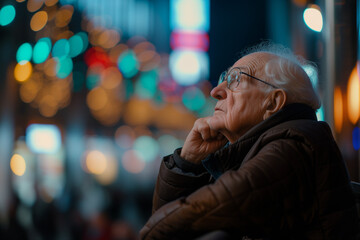 Worried senior watching stocks plummet on screen. Red graph arrows plunge, mirroring his panic. Bearish market crash unfolds on screen beside him. copy space