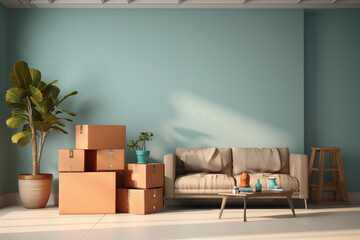 luggage packing concept, Carton boxes stack with household in modern house living room, Carton boxes stack with household
