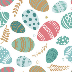 Colored Easter eggs and twigs on a white background. Easter theme. Easter design elements and golden branches. Vector seamless pattern.