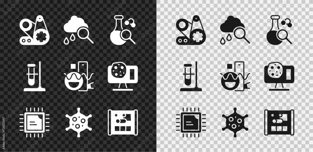 Poster set timing belt kit, cloud with rain, test tube, processor cpu, virus, graphing paper for engineerin