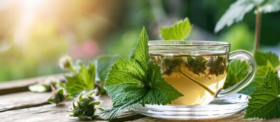 Stinging nettles in a glass cup of herbal tea on a table.