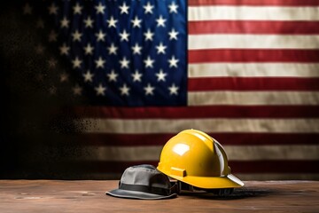 yellow construction hard helmet and american flag