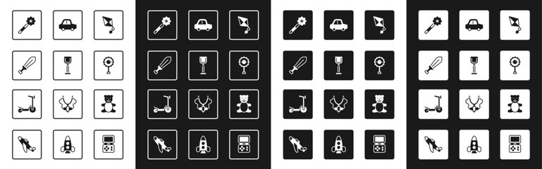 Set Kite, Shovel toy, Sword, Magic wand, Rattle baby, Toy car, Teddy bear plush and Roller scooter icon. Vector