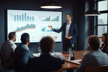 Businessman showing data to group of investors and business partners. Big TV screen showing graphs, product sales and revenue growth strategy.