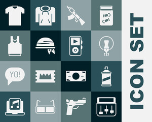 Set Drum machine music, Paint spray can, Microphone, Submachine gun, Bandana, Undershirt, T-shirt and Music player icon. Vector