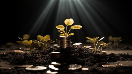 Concept of business growth profit, development and success, plants grow on stacked coins, seed of economic opportunity, in the style of money themed