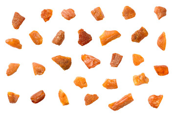 Crushed amber isolated on white background, top view.