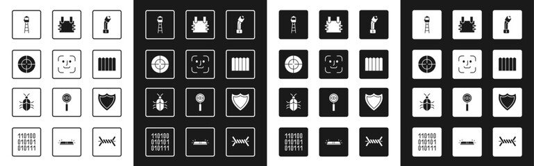 Set Police electric shocker, Face recognition, Target sport, Watch tower, Garden fence wooden, Bulletproof vest, Shield and System bug concept icon. Vector
