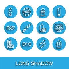 Set line Birth control pills and condom, Silicone ball gag with belt, Anal beads, Sperm, Condom, Monitor 18 plus content and icon. Vector