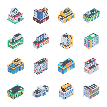 16 Modern Commercial Building Isometric Icons 

