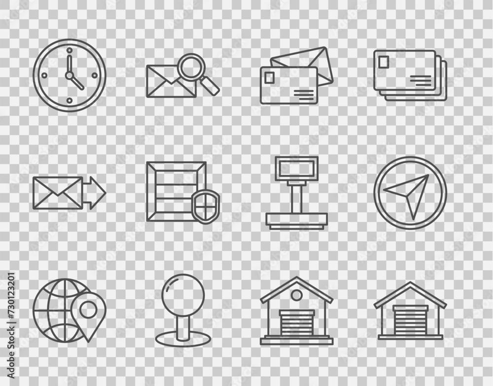 Poster set line location on the globe, warehouse, envelope, push pin, fast time delivery, delivery pack sec