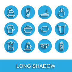 Set line Perfume, Cup of tea with tea bag, Stack hot stones, Citrus fruit, Cream or lotion cosmetic tube, Sea salt in bowl, Towel hanger and Lemon icon. Vector