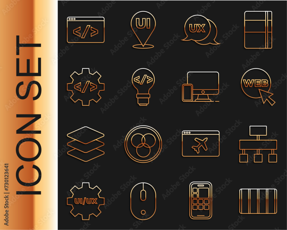 Poster set line color palette guide, site map, web and graphic design, ui ux, front end development, and mo