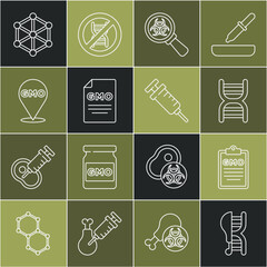 Set line Genetically modified chicken, GMO, DNA symbol, Biohazard and magnifying glass, and Syringe icon. Vector