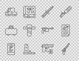 Set line Shop weapon in mobile app, Revolver gun, Military knife, Gun magazine and bullets, Collimator sight, Knife holster, Buying pistol and Firearms license certificate icon. Vector