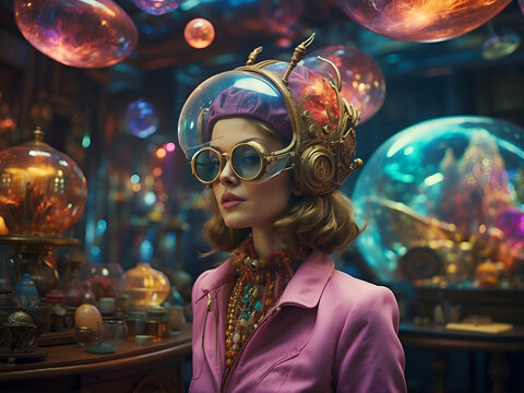A woman in a pink suit and gold goggles stands in a room with colorful bubbles and jars.