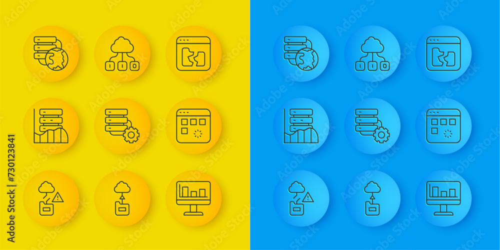 Poster set line cloud technology data transfer, server, data, web hosting, and gear, monitor with graph cha